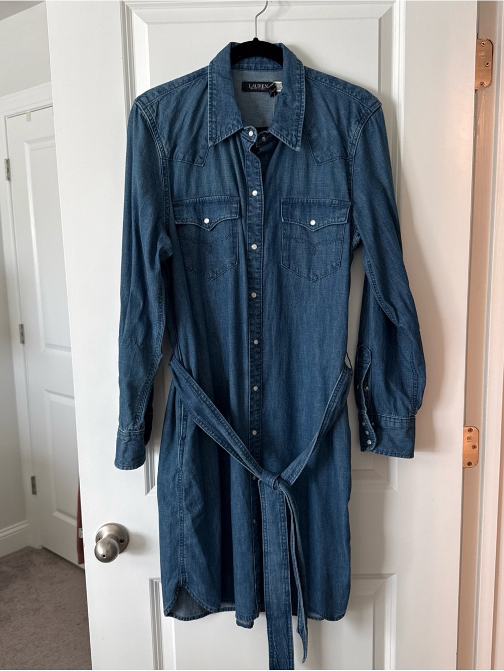 NWT Women's Lauren Ralph Lauren Blue Belted Denim Shirt Dress Size 14